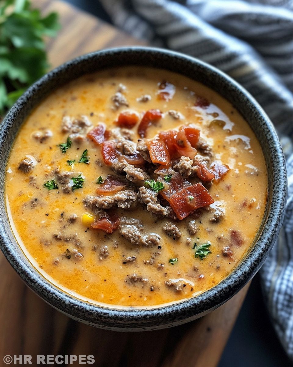 Ingredients and process of adding creamy broth to bacon cheeseburger soup