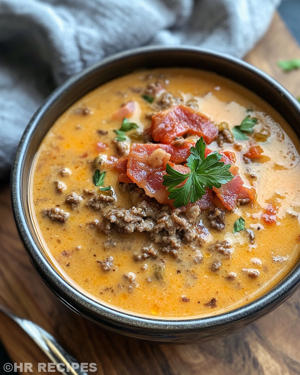 Serving of creamy bacon cheeseburger soup in a bowl topped with cheddar and green onions