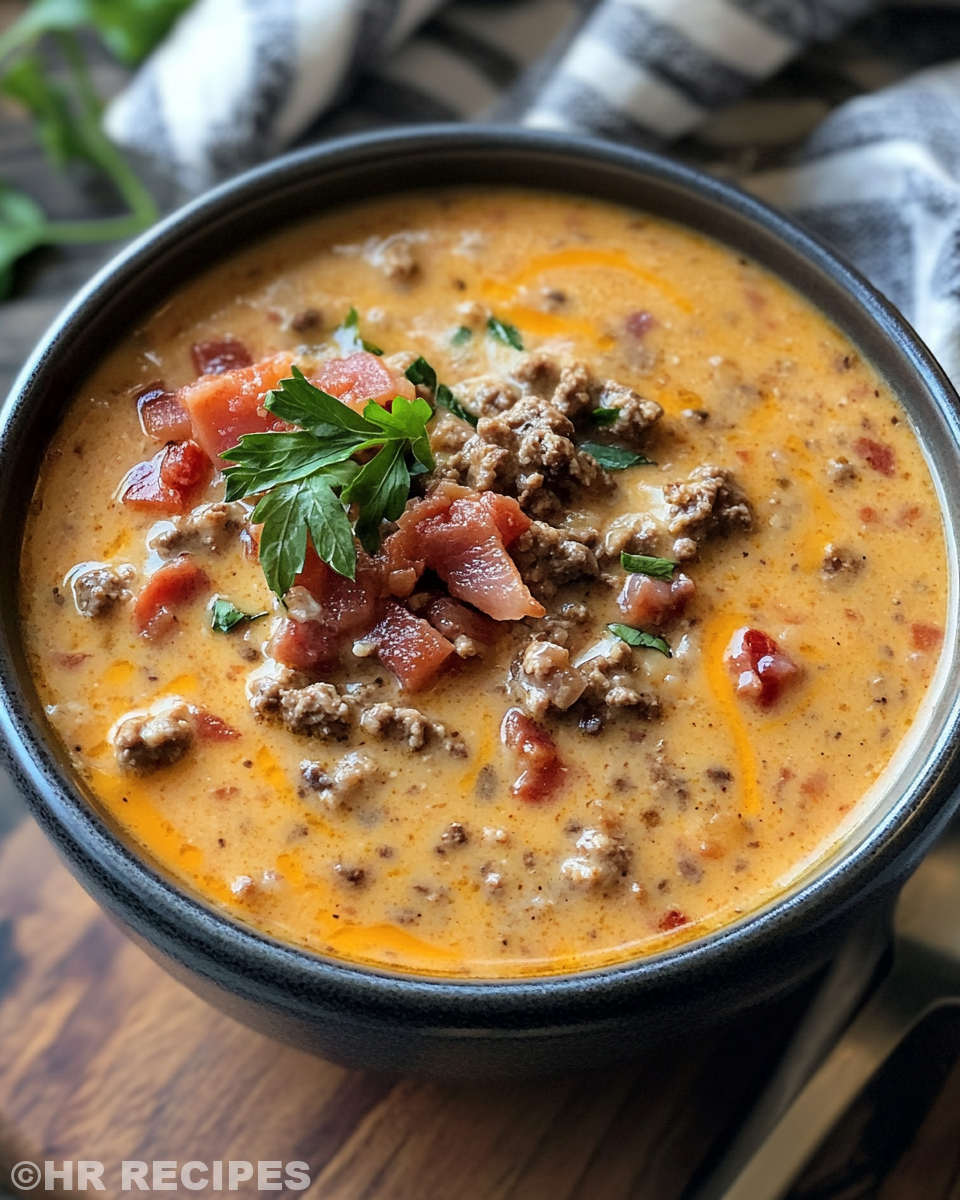 Slow cooker with bacon cheeseburger soup steaming