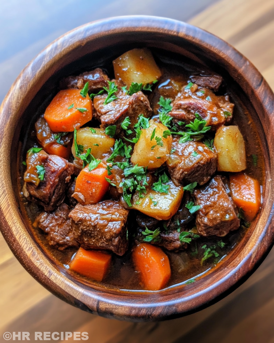 Serving of hearty beef stew with tender meat and vegetables