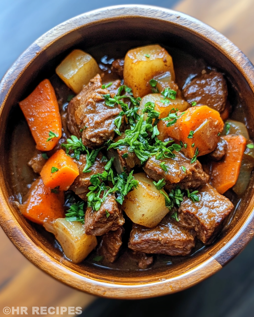Hearty beef stew simmering slowly in a slow cooker