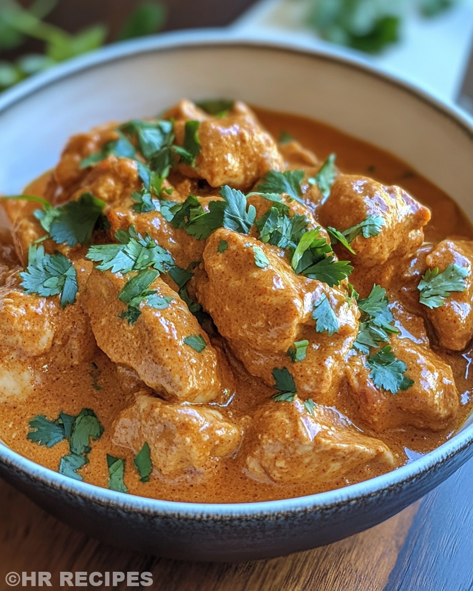 Slow cooker butter chicken in pot during cooking