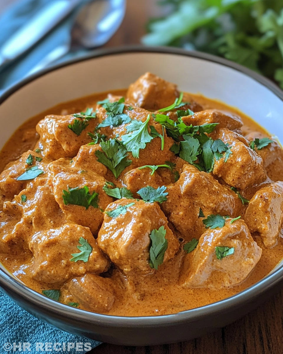 Ingredients for slow cooker butter chicken mixed in pot
