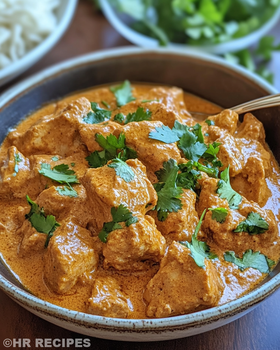 Finished plated slow cooker butter chicken with garnish