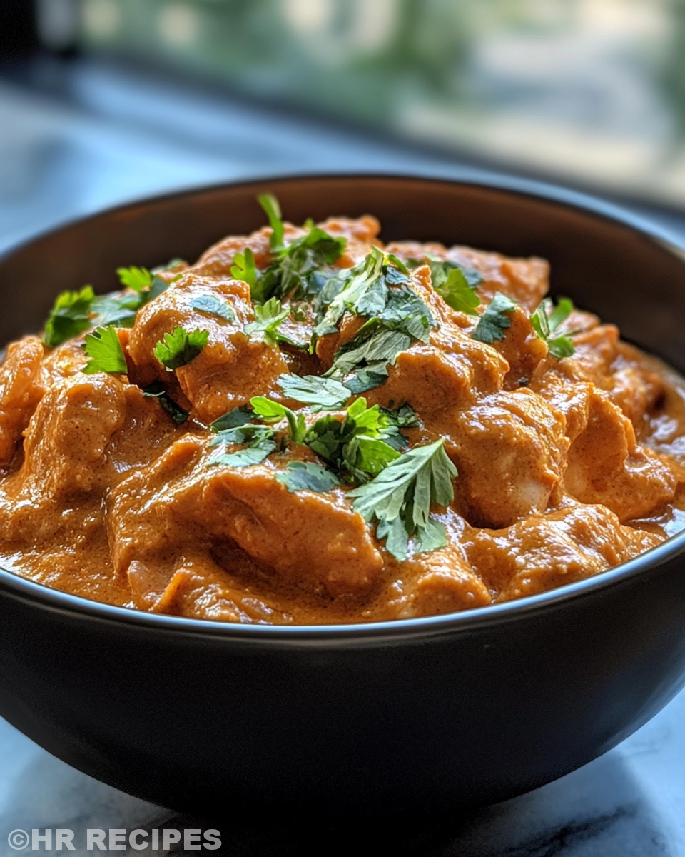 Slow cooker butter chicken simmering with spices