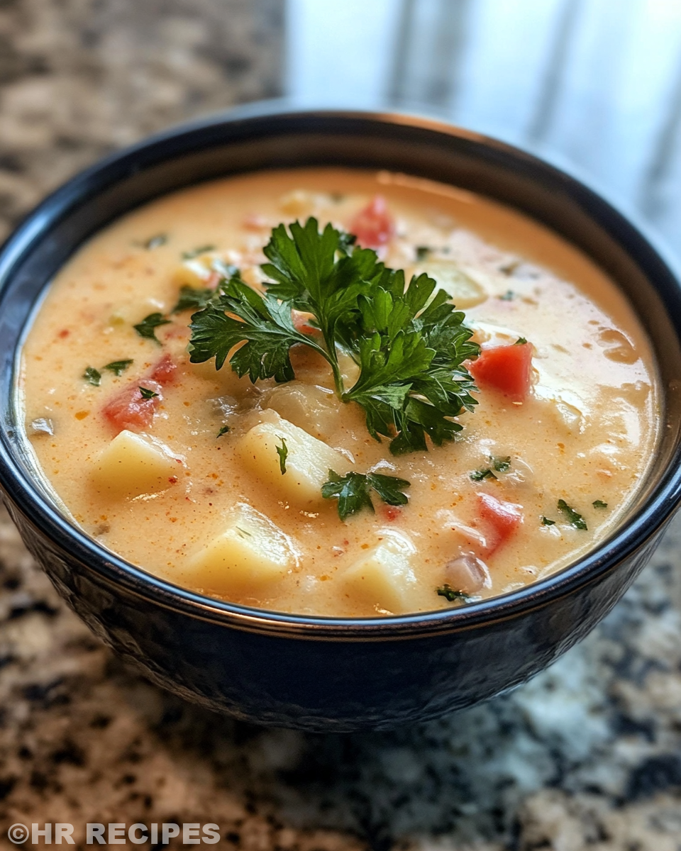 Finished serving of creamy Cajun potato soup topped with extra cheese and green onions