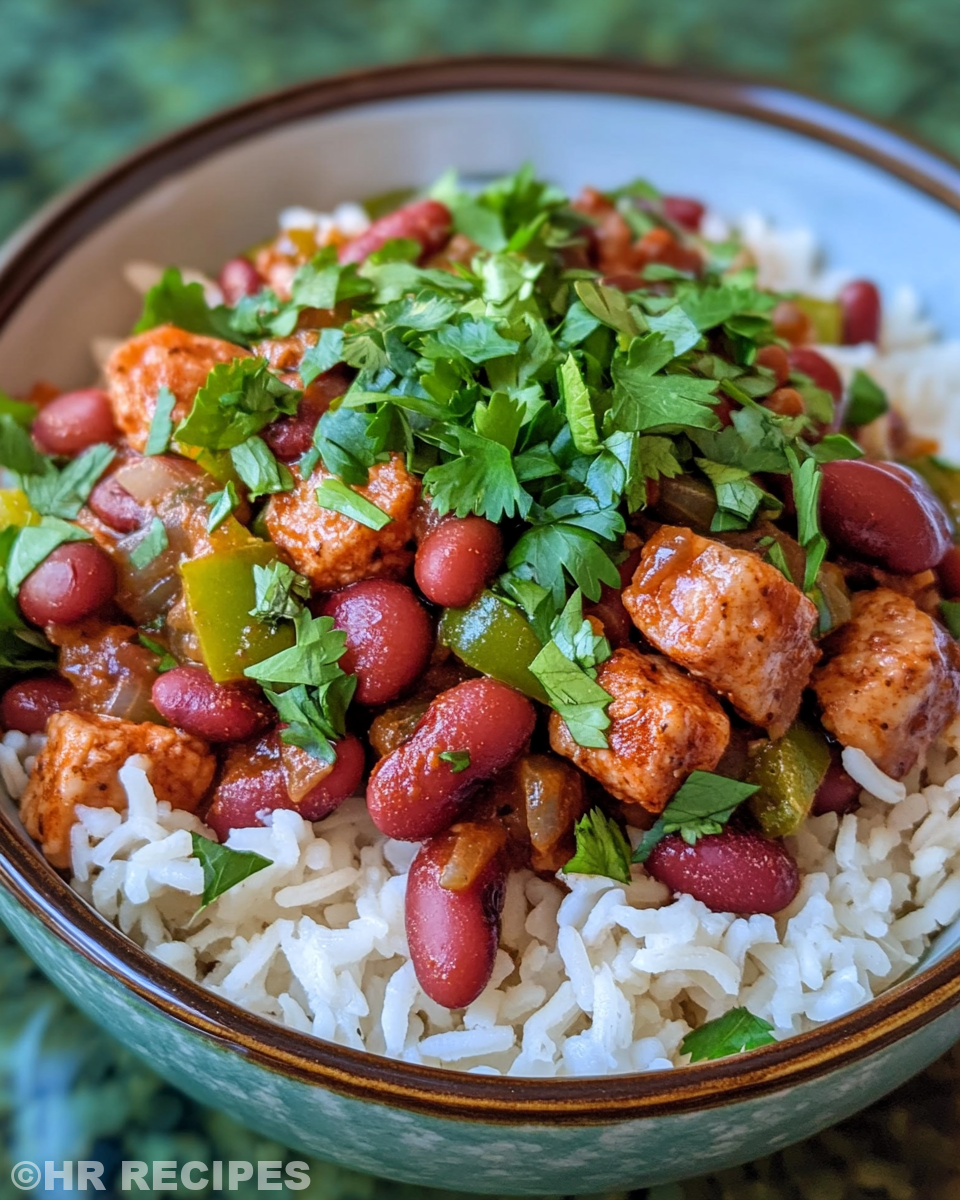 Ingredients including andouille sausage, vegetables, and beans for Cajun red beans and rice in slow cooker