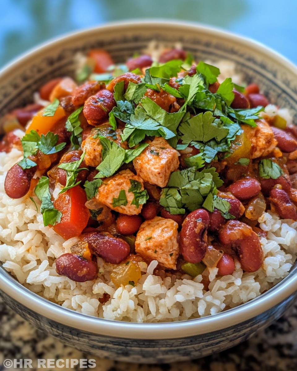Serving of Cajun red beans and rice in bowl ready to eat