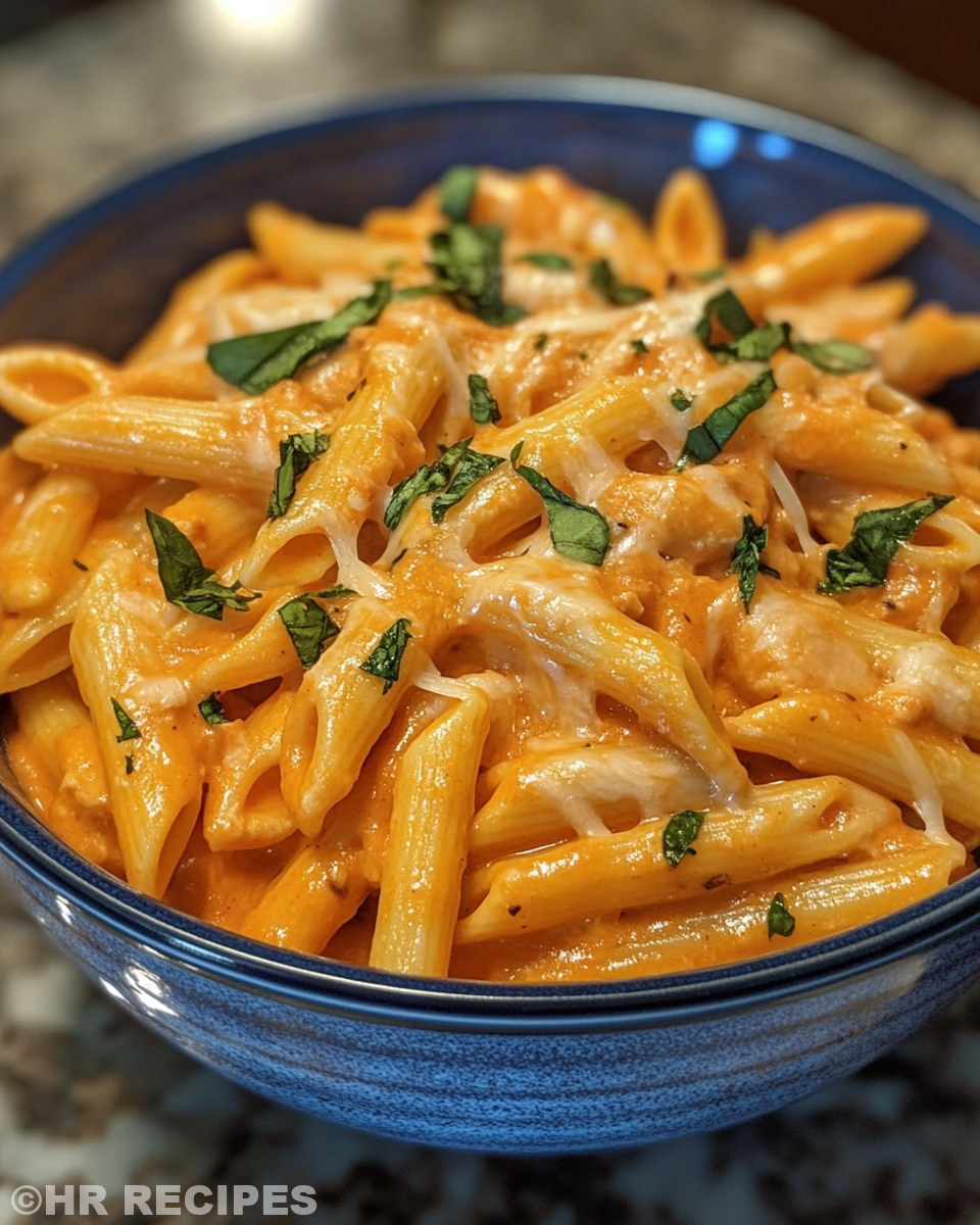 Final cheesy chicken penne dish with melted cheddar ready to serve