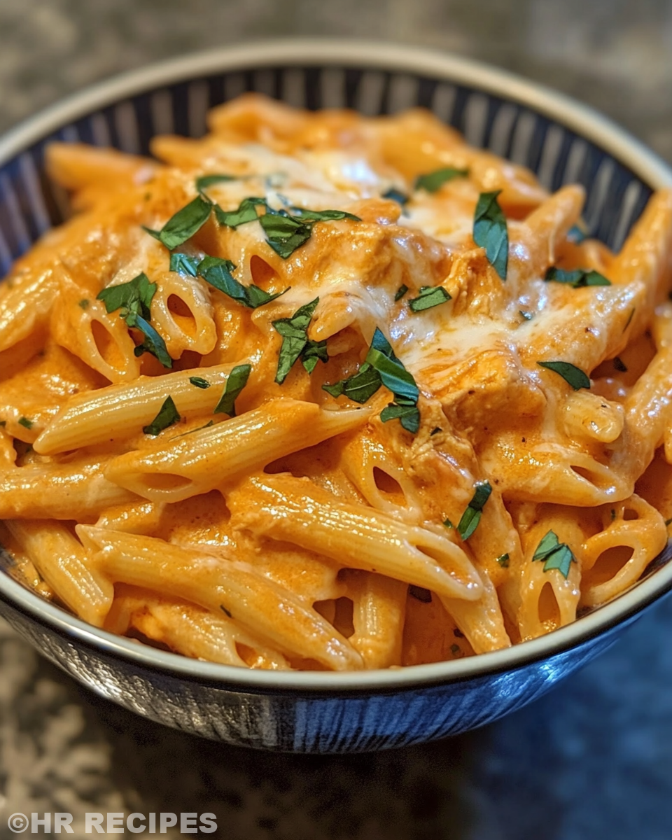 Slow cooker with cheesy chicken penne cooking, steam rising from valve