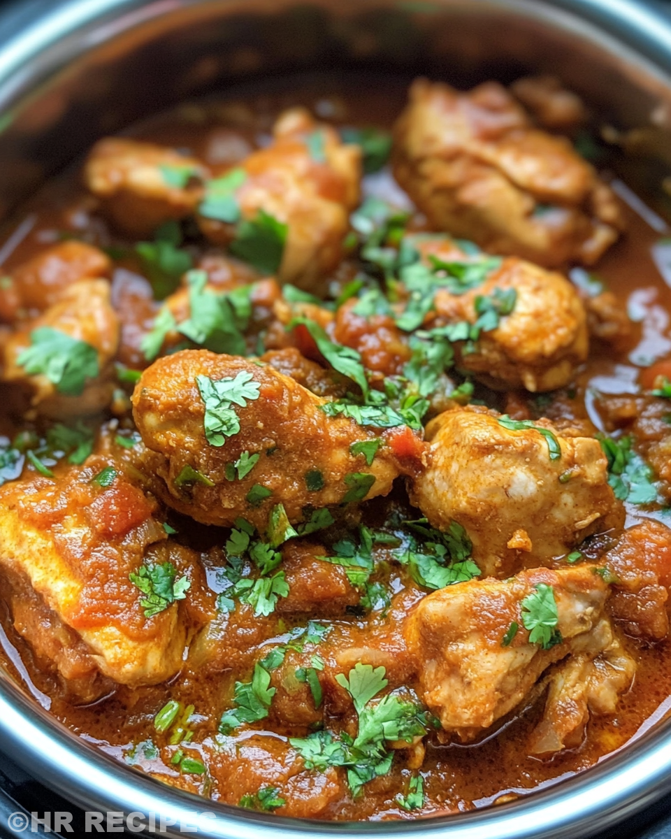 Serving of slow cooker chicken bhuna with fresh coriander garnish