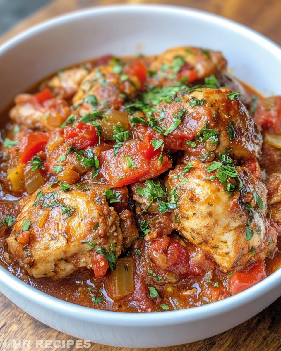 Serving of slow cooker chicken cacciatore over linguine pasta