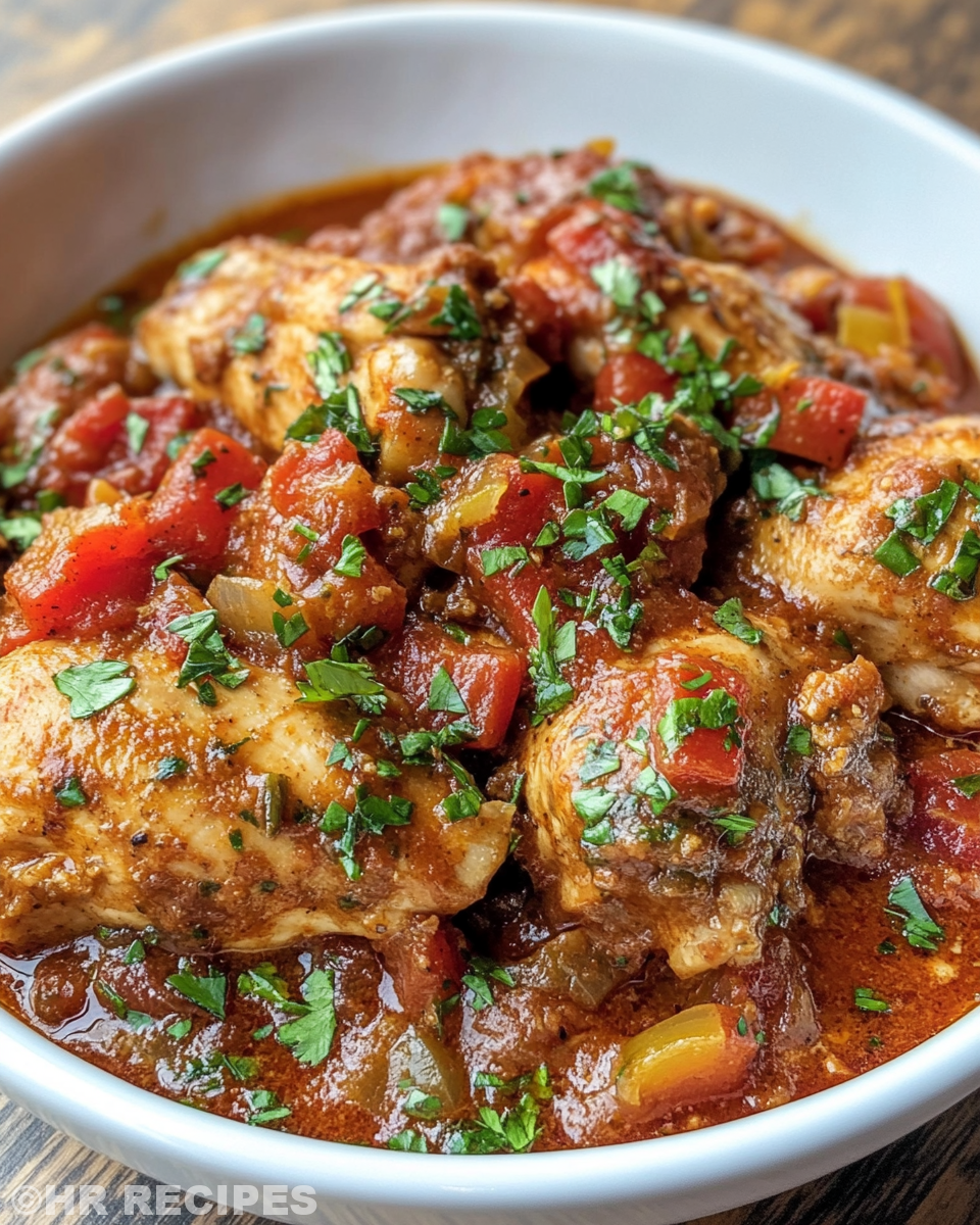 Slow cooker chicken cacciatore simmering with steam rising