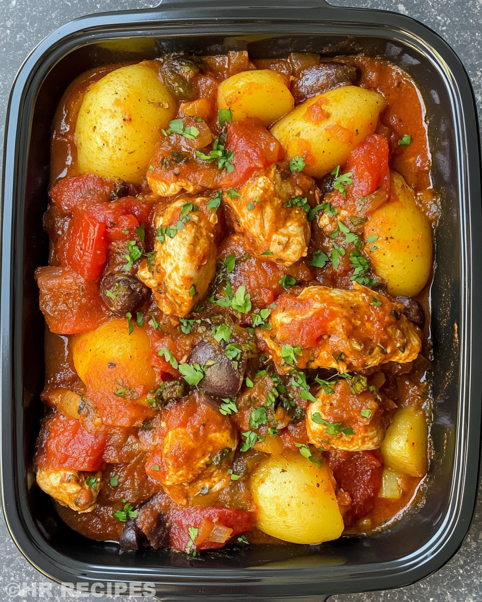 Served chicken cacciatore with potatoes on a plate ready to eat