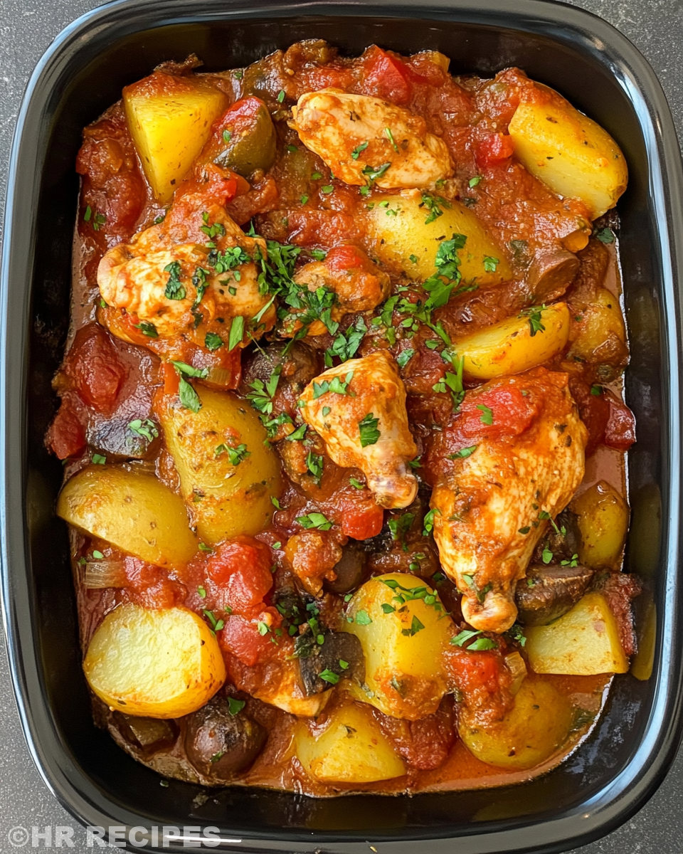 Slow cooker chicken cacciatore with baby potatoes cooking and simmering
