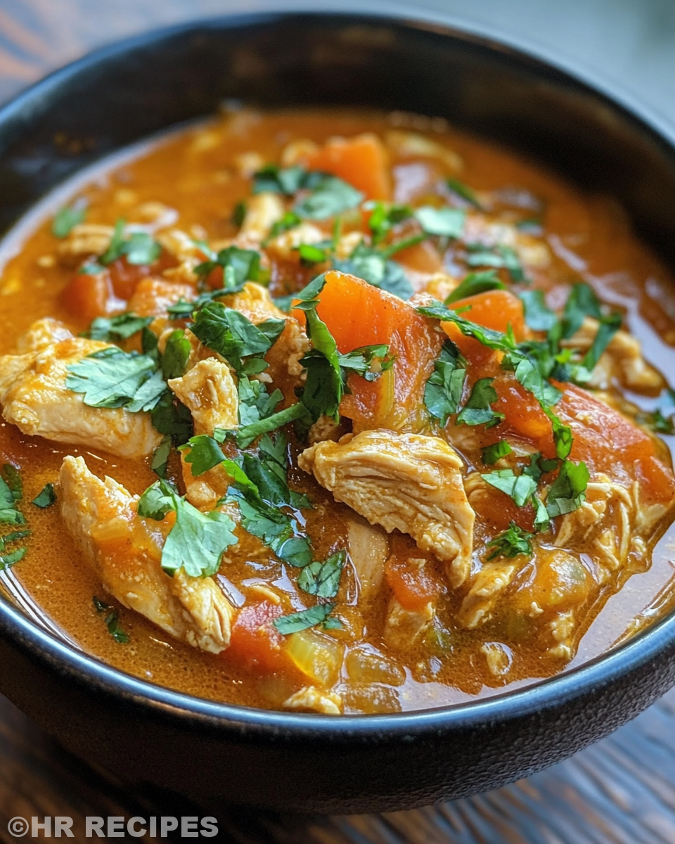 Close-up of slow cooker chicken curry in pot with spices and ingredients