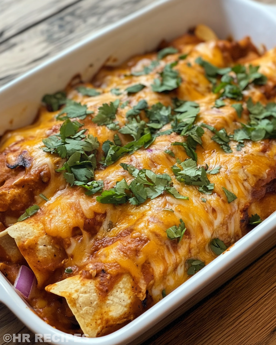 Serving of slow cooker chicken enchiladas with melted cheese and garnishes