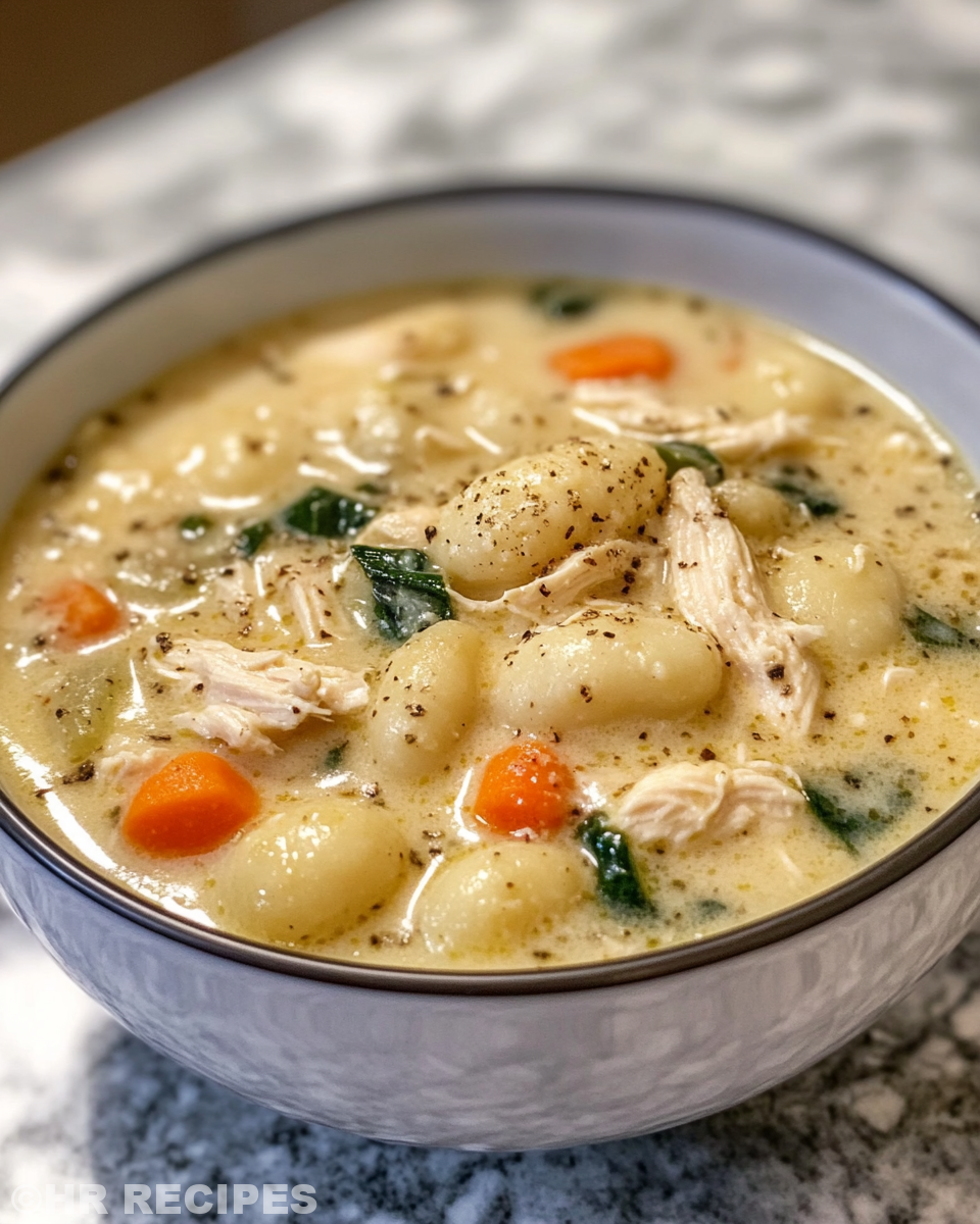 Bowl of creamy slow cooker chicken gnocchi soup ready to enjoy