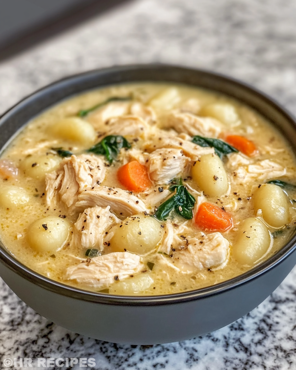 Slow cooker filled with chicken gnocchi soup and steam