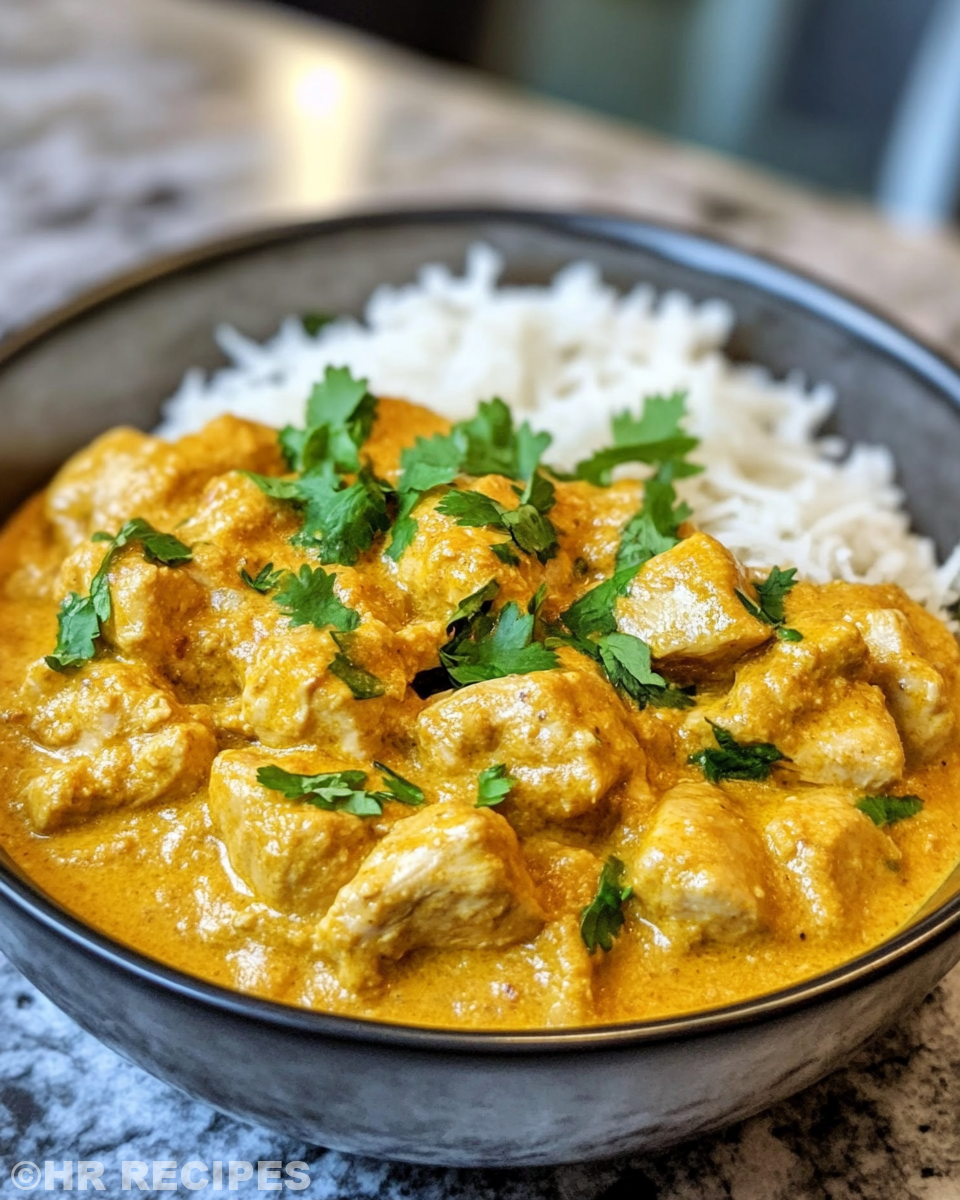Slow cooker chicken korma in pot with steam