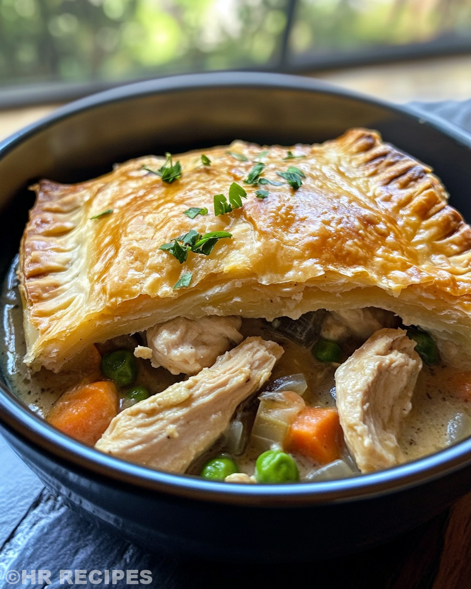 Ingredients layered and chicken broth poured into slow cooker pot