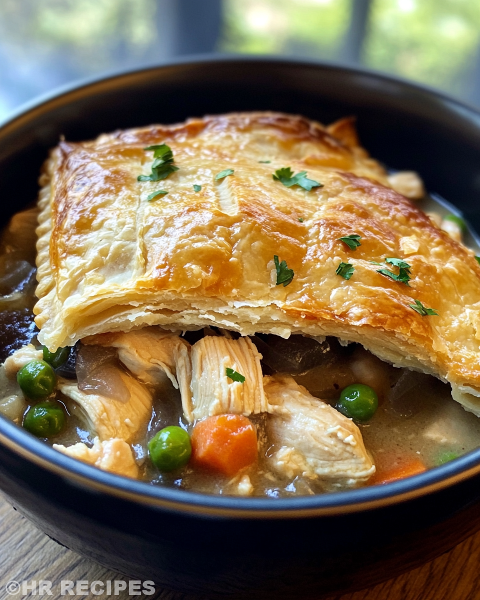 Serving of slow cooker chicken pot pie with flaky biscuits on top