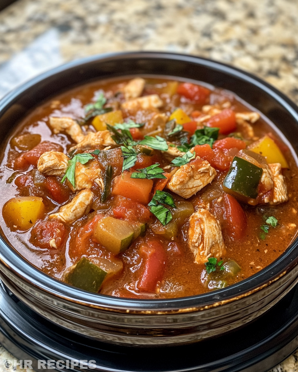 Final cooked chicken ratatouille slow cooker dish ready to serve