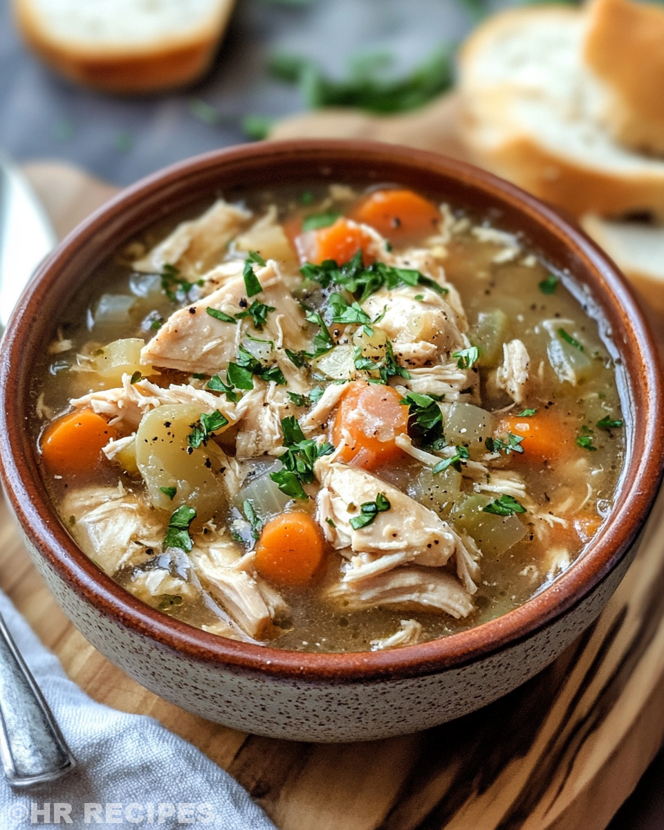 Ingredients in slow cooker for chicken stew including chicken, vegetables and herbs