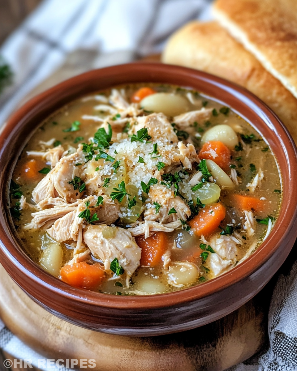 Served slow cooker chicken stew on plate with herbs