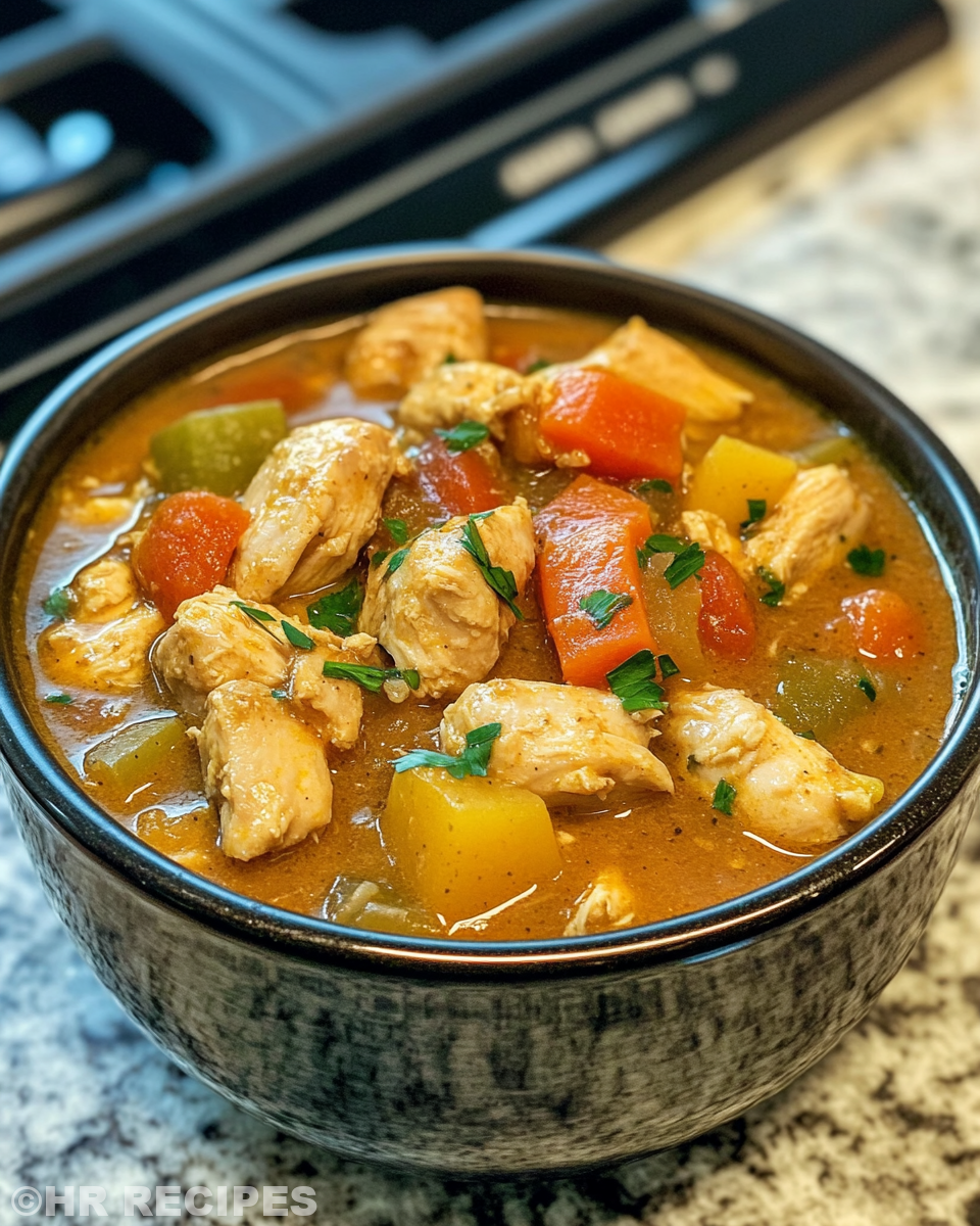 Slow cooker chicken stew bubbling with spices and vegetables