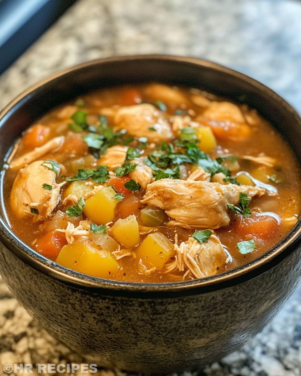 Creamy finished slow cooker chicken stew served in bowl