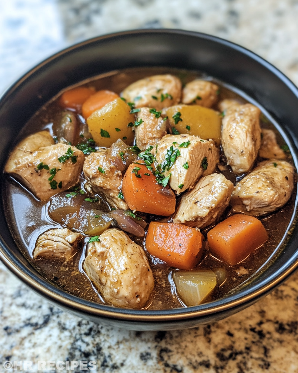 Slow cooker chicken stew served fresh in a bowl with garnish