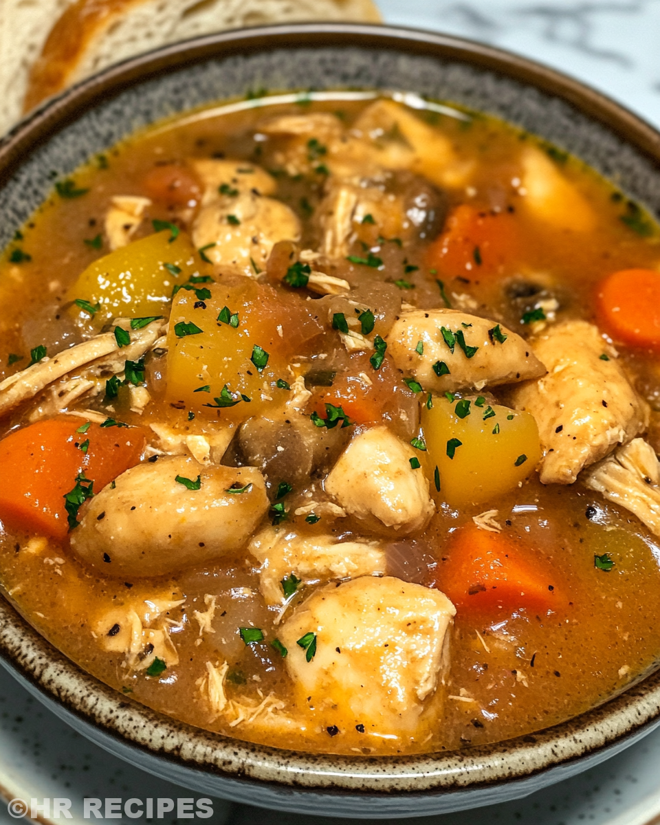 Steaming slow cooker chicken stew with carrots and potatoes
