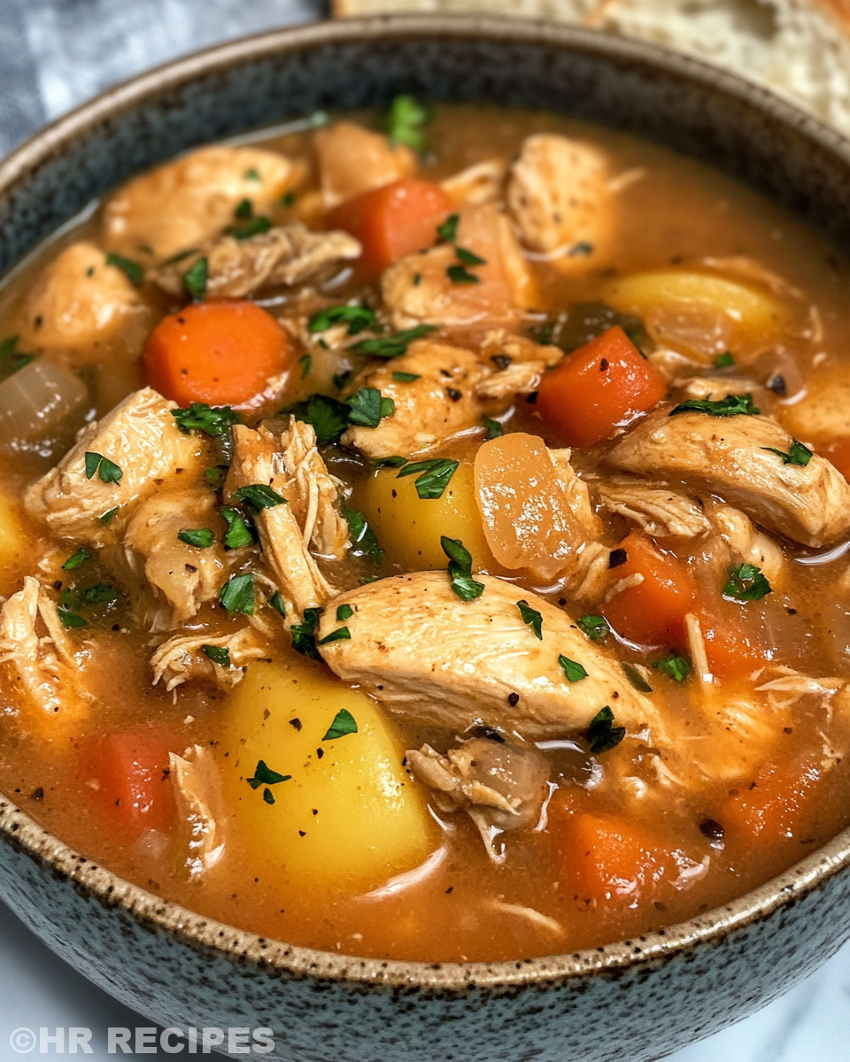 Slow cooker chicken stew ingredients layered in cooker