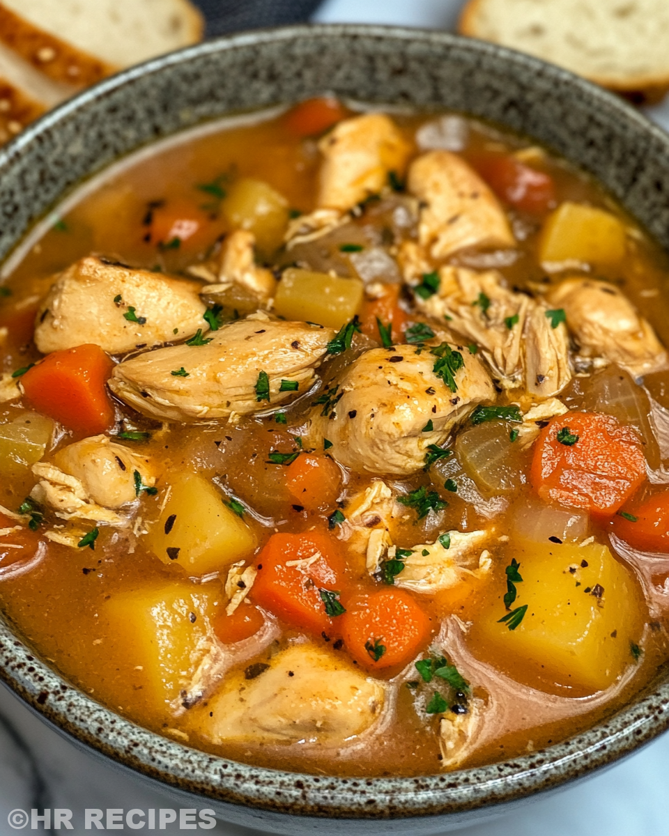 Serving of slow cooker chicken stew in bowl