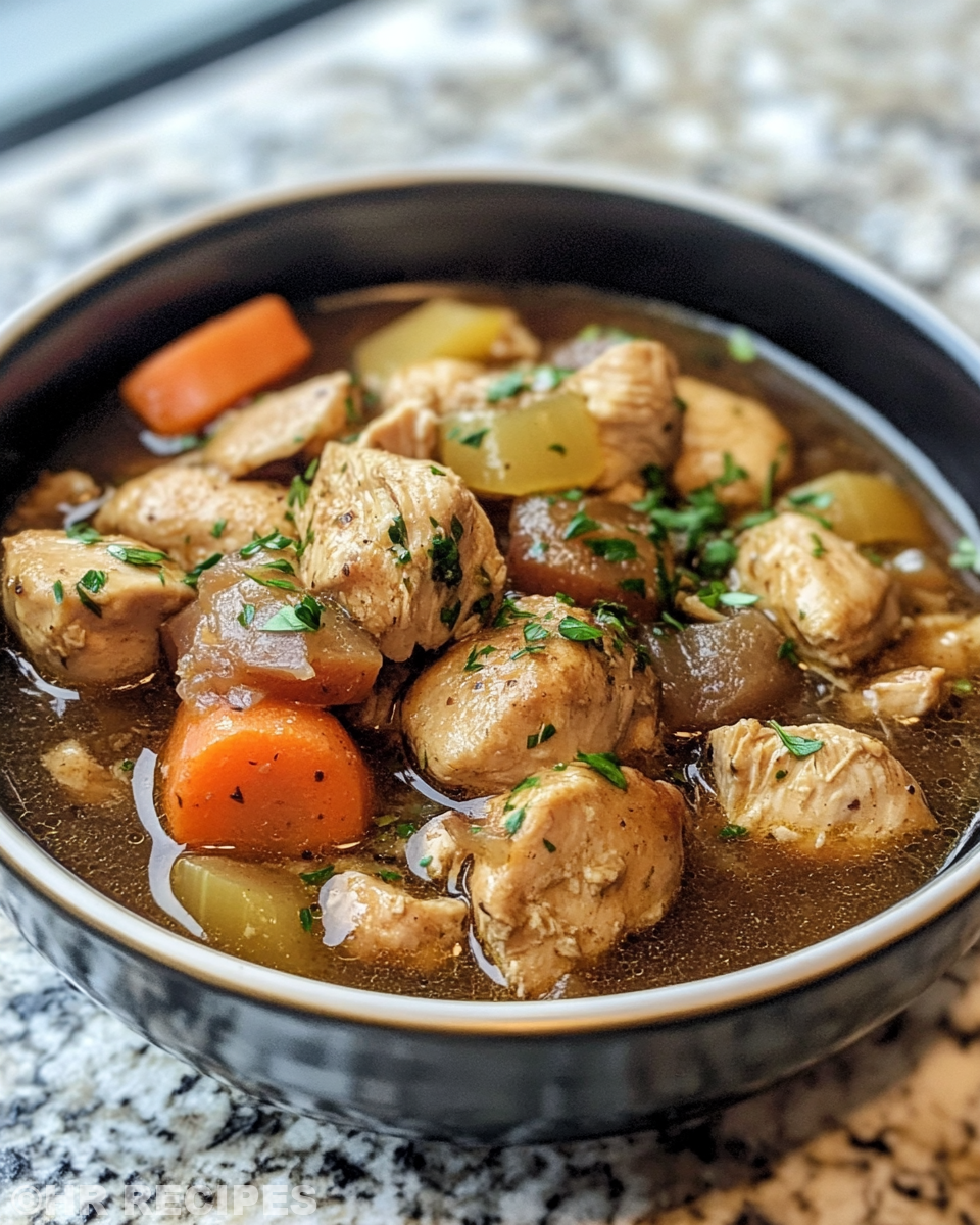 Slow cooker chicken stew steaming and ready to serve