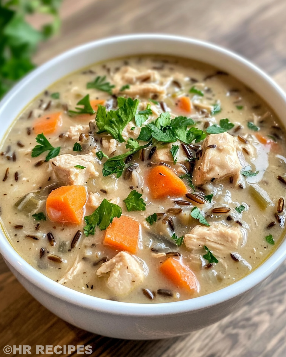 Ingredients for chicken wild rice soup laid out including wild rice, chicken, vegetables, and broth