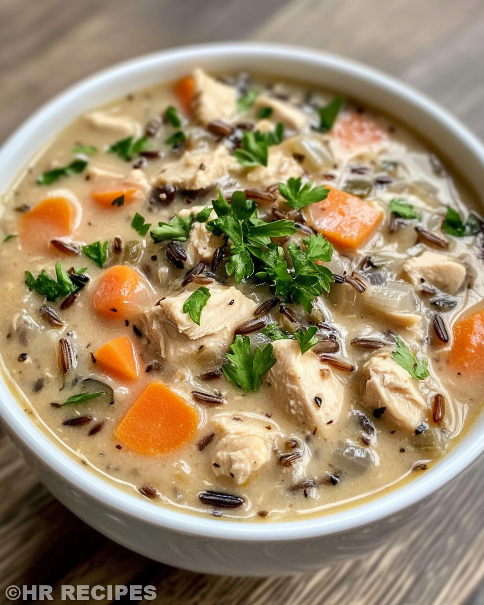 Creamy chicken wild rice soup served in a bowl with bread