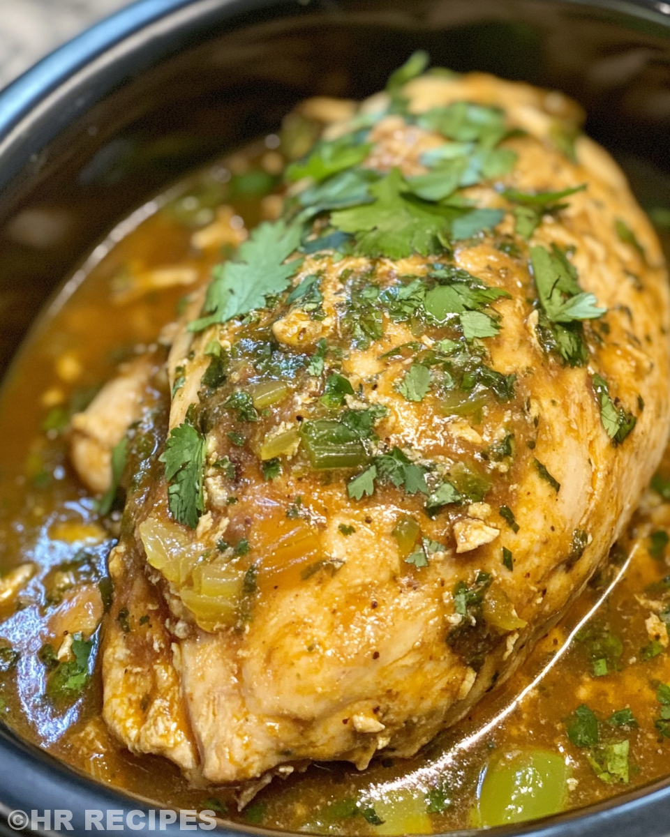 Slow cooker with cilantro lime chicken in it, steaming and cooking