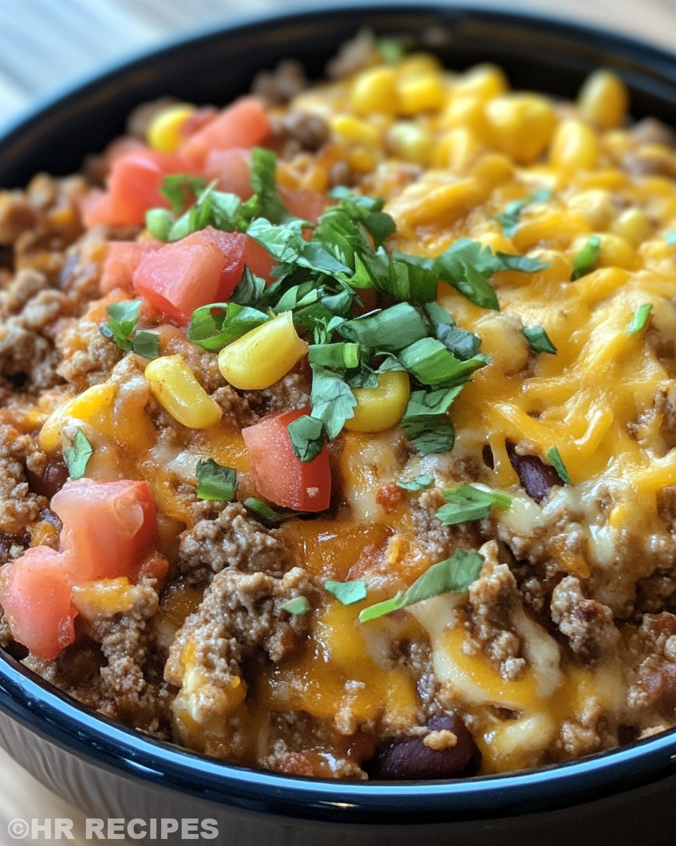 Serving of cheesy ground beef and vegetable pressure cooker casserole on plate