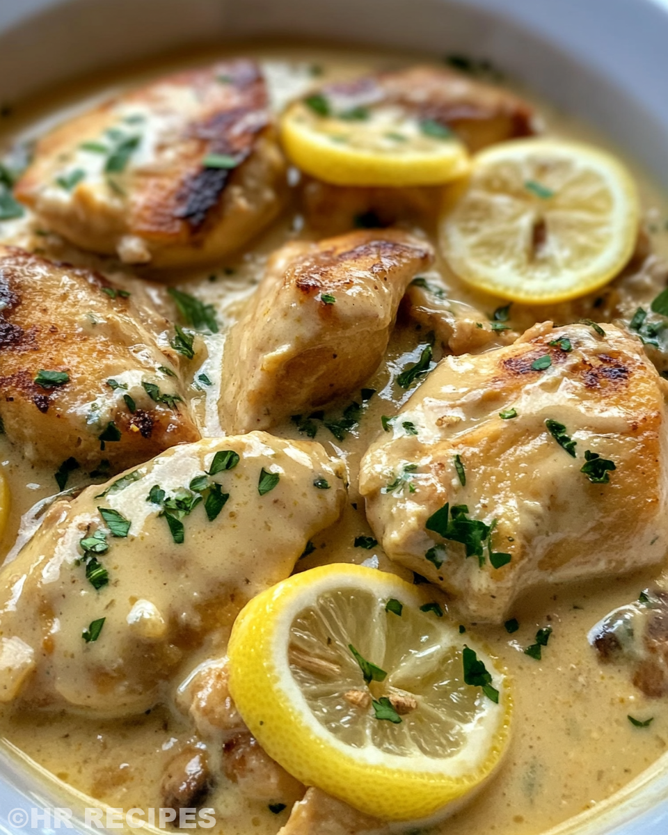 Serving of creamy lemon butter chicken plated