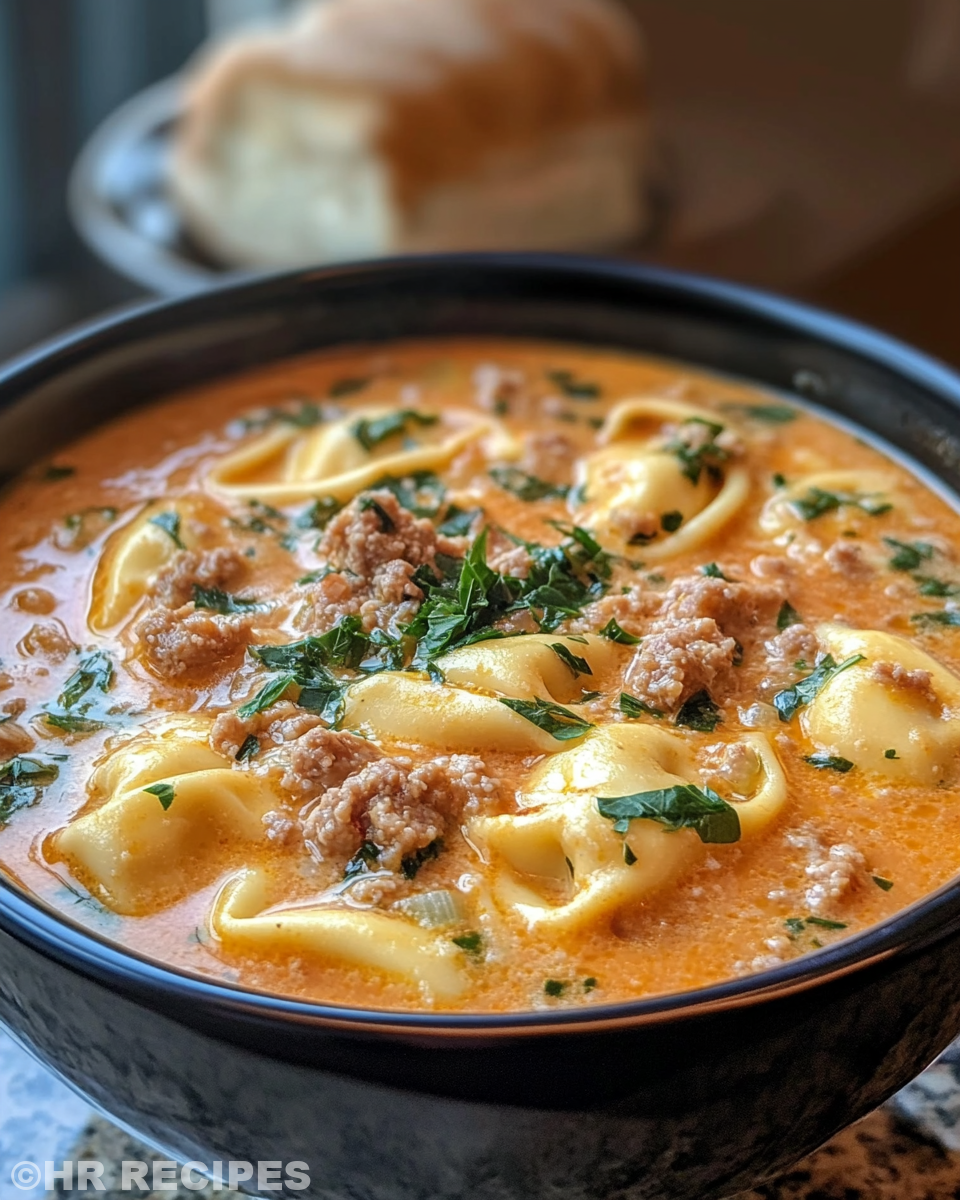 Bowl of creamy sausage tortellini soup ready to serve