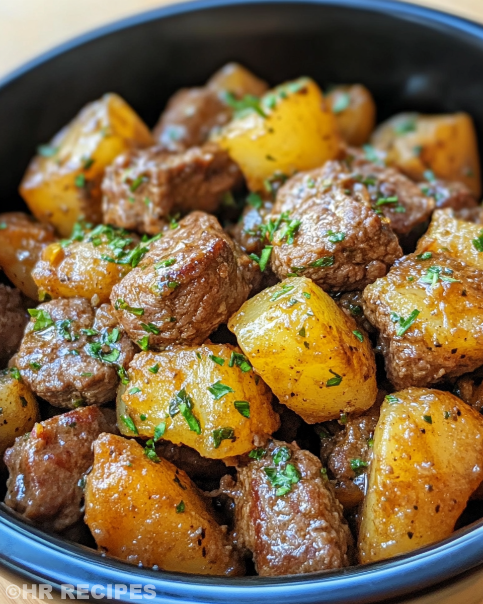 Ingredients for garlic butter beef bites include sirloin, garlic, onion and beef stock