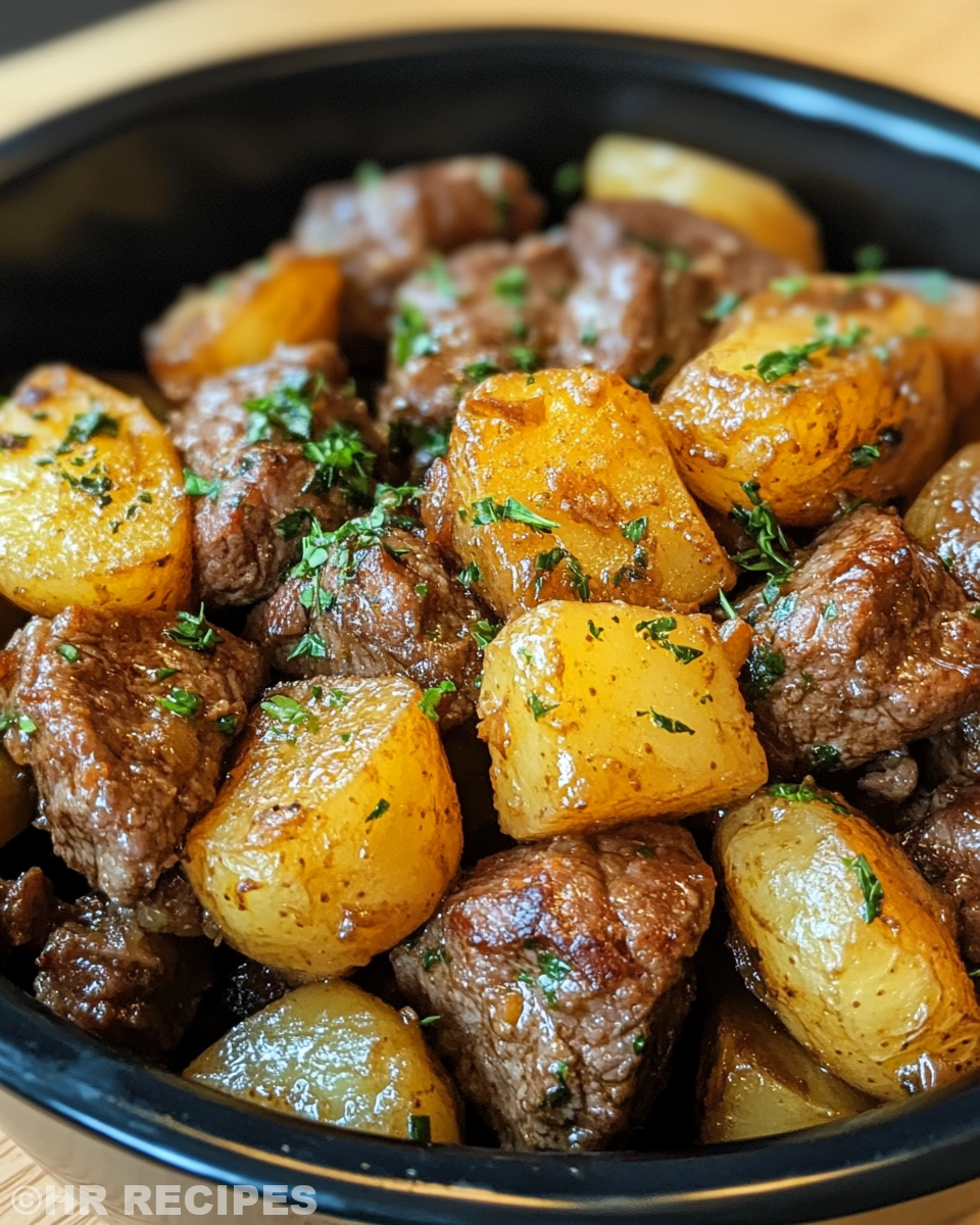 Served garlic butter beef bites over potatoes with rich broth