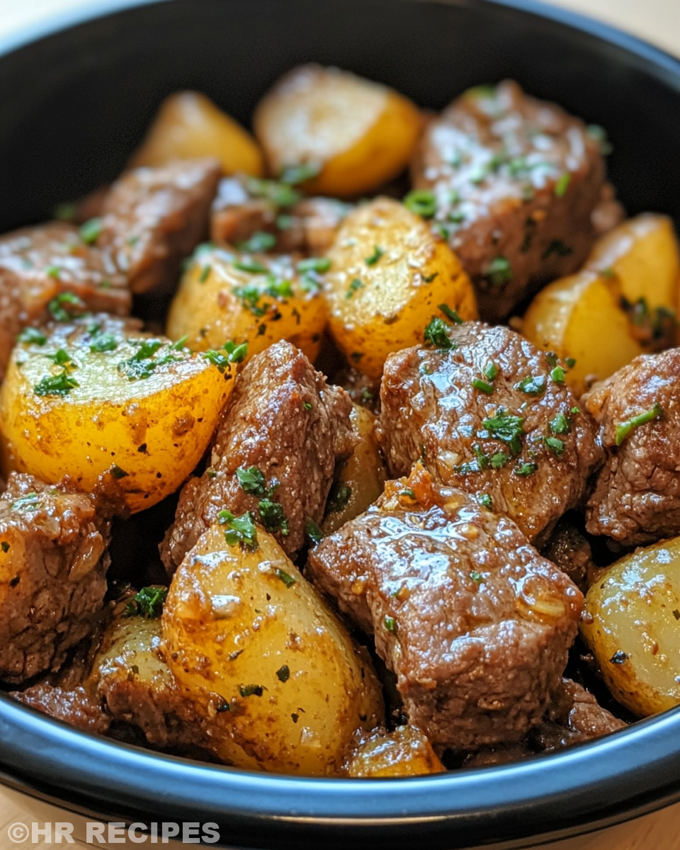 Slow cooker filled with garlic butter beef bites and sirloin steak