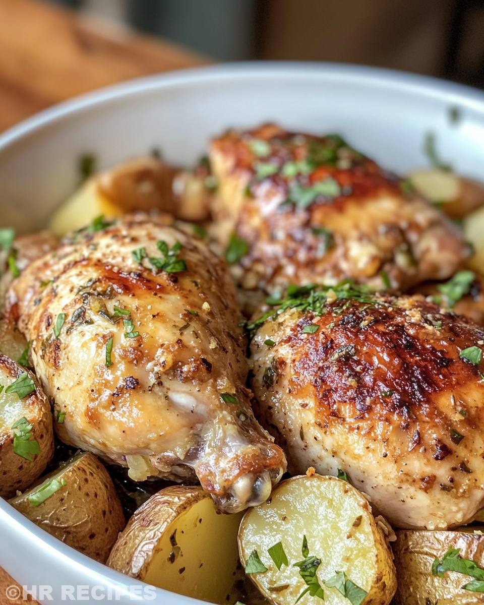 Final cooked slow cooker garlic Parmesan chicken and potatoes served on a plate