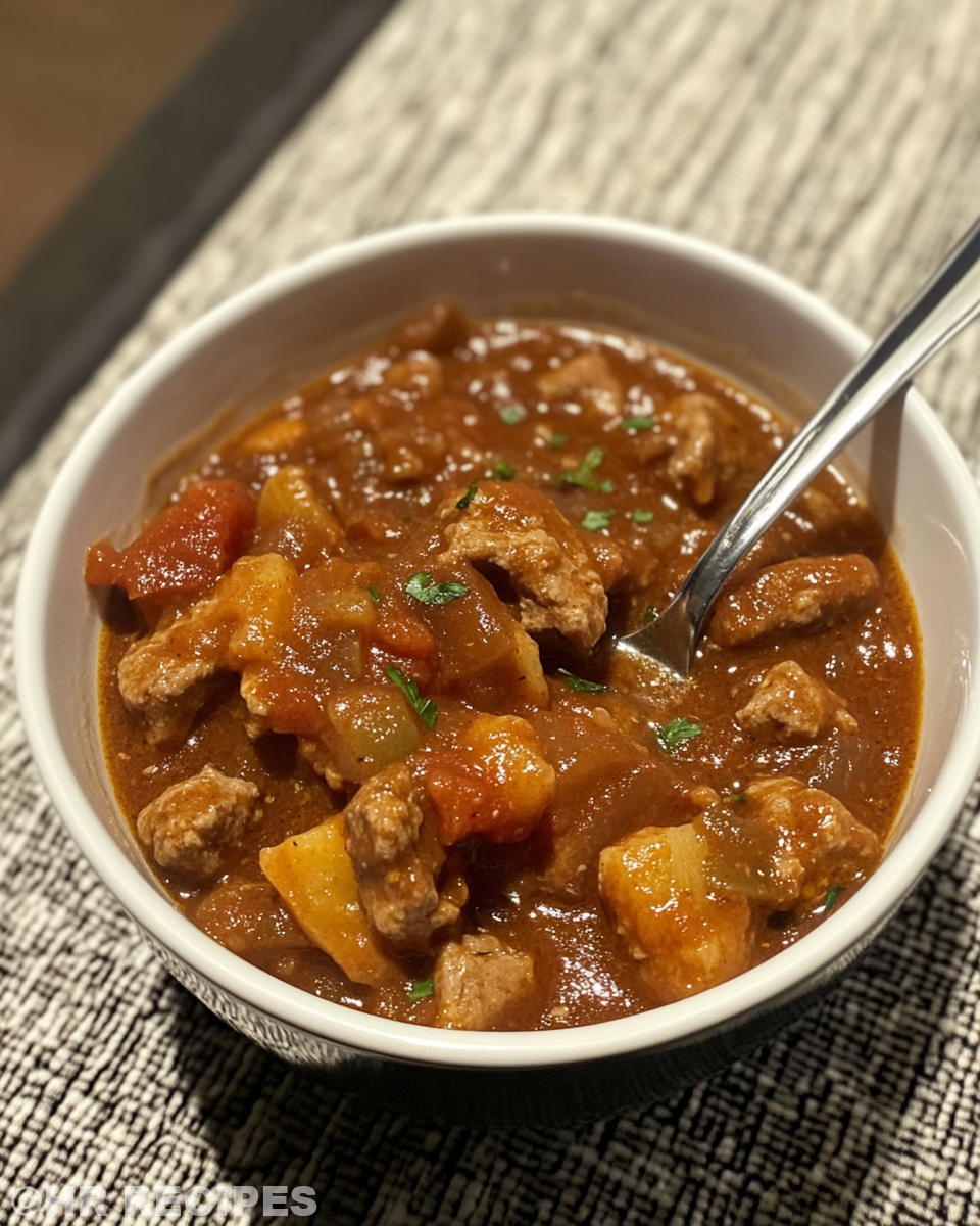 Ingredients for slow cooker goulash with lean ground beef, spices, tomato paste