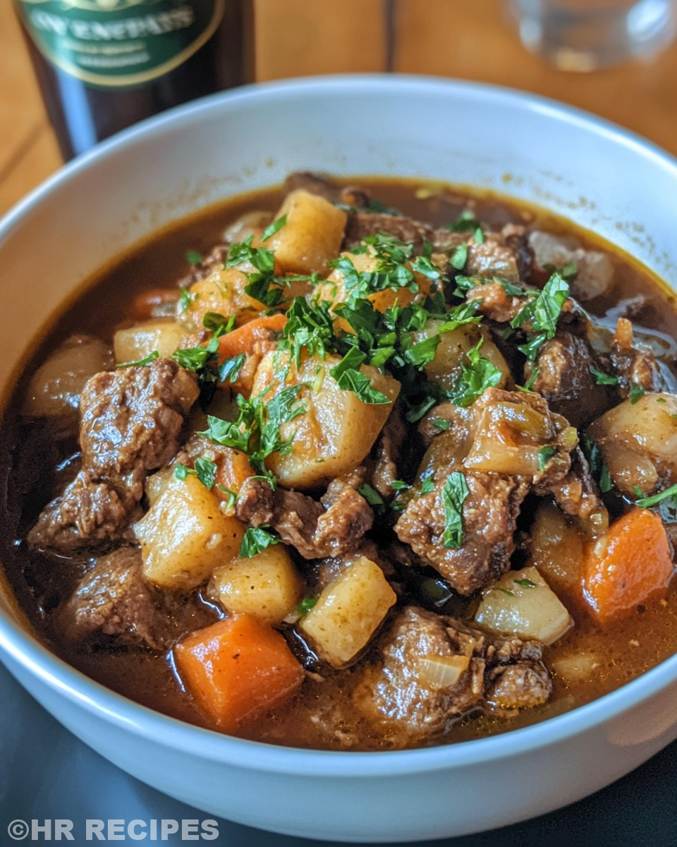 Ingredients for slow cooker Guinness beef stew with fresh vegetables and seasonings