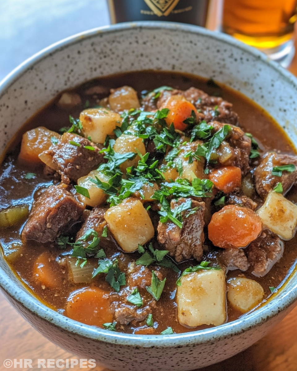 Finished slow cooker Guinness beef stew served in bowl with fresh chives garnish