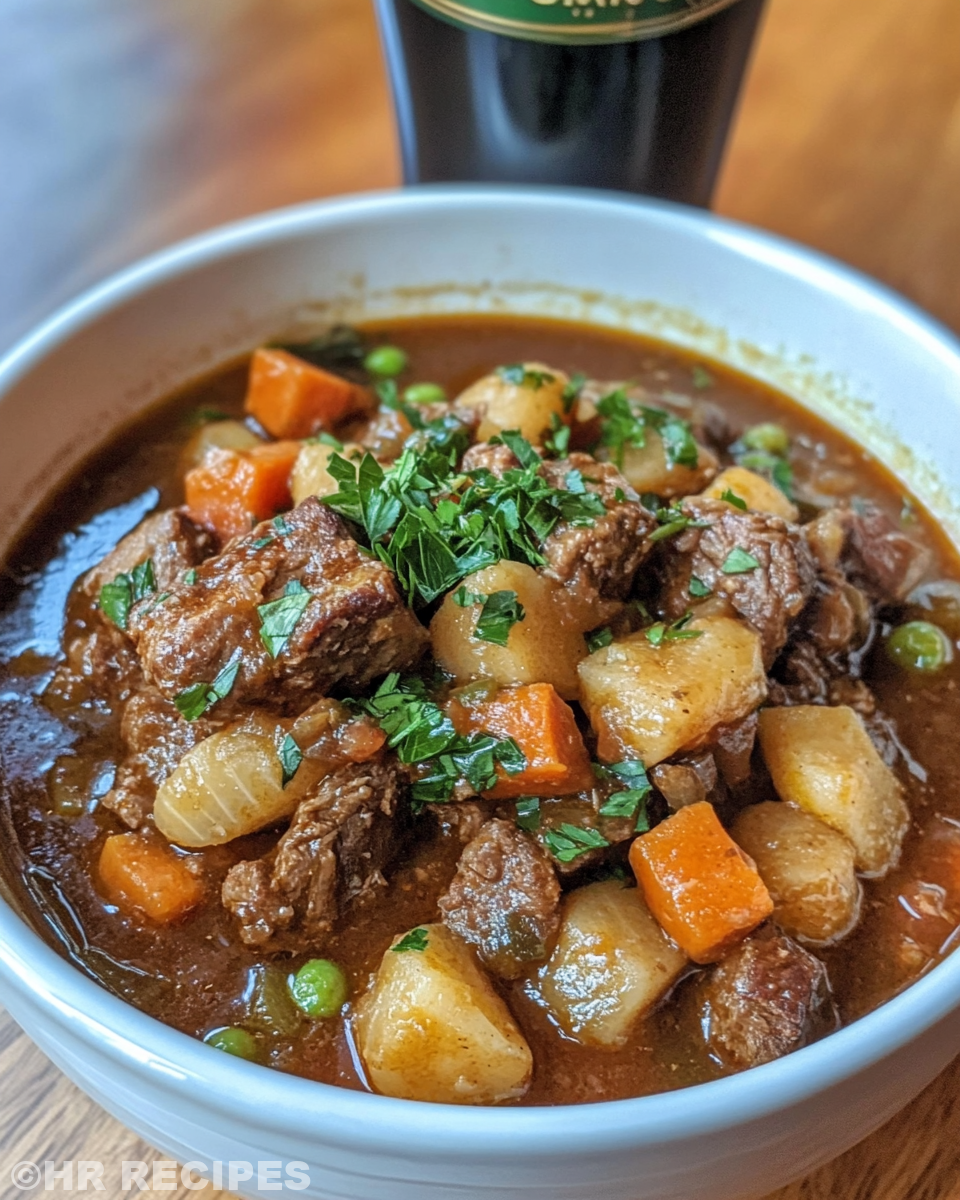 Slow cooker releasing steam with a rich Guinness beef stew inside